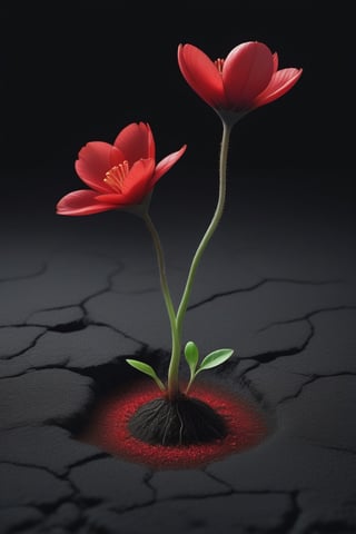 blank pure lightblack backround with one  sprouting seed on the ground at the bottom of the picture, 2 red blooming flowers，with a thin root system,photorealistic，

minimalist hologram