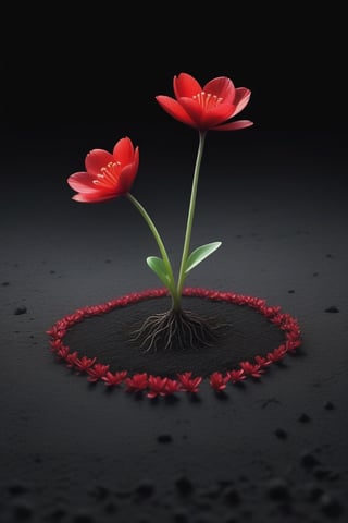 blank pure lightblack backround with one  sprouting seed on the ground at the bottom of the picture, 2 red blooming flowers，with a thin root system,photorealistic，

minimalist hologram