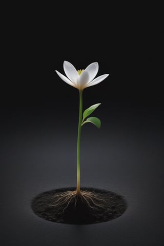 blank pure lightblack backround with one  sprouting seed on the ground at the bottom of the picture, blooming flower，with a thin root system,photorealistic，

minimalist hologram