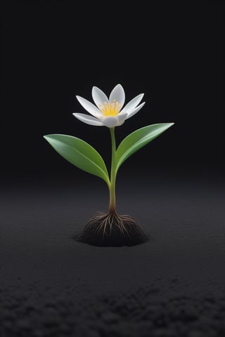 blank pure lightblack backround with one  sprouting seed on the ground at the bottom of the picture, blooming flower，with a thin root system,photorealistic，

minimalist hologram