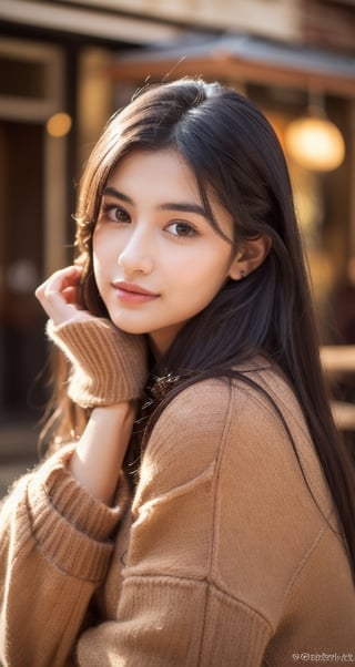  1girl,8k wallpaper,extremely detailed figure, amazing beauty, detailed characters, {detailed background},aestheticism, sitting, winter long brownish hair, coffee shop, corner, coat, scarf, medium breasts, light brown hair, beautiful eyes, emotionless, obedient, obedient, thick eyebrows, small nose, full lips, long eyelashes, delicate neck, slender shoulders, bare arms,  smooth skin, rosy cheeks,  warm, cozy, comfortable, relaxed, calm, quiet, peaceful, serene, contemplative, close-up, best quality, amazing quality, very aesthetic, ,1 girl (masterpiece), 1girl, long hair, beautiful cute young attractive indian girl, 25 years old, cute, Instagram model, long realistic black hair, look like south movie actress, Indian,Indian Cute Girl,Indian Model