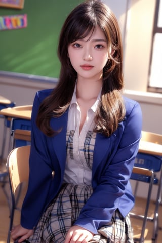 background is high school classroom,1 girl, 18 yo, beautiful girl, korean girl,sitting on chair,wearing school uniform(dark blue jacket and brown check pattern skirt),happy laugh,
solo, {beautiful and detailed eyes}, dark eyes, calm expression, delicate facial features, ((model pose)), Glamor body type, slim waist,(dark hair),long Bright wavy hair,very_long_hair, hair past hip,long straight hair,long ponytail,bangs,pale skin,detailed skin,hairpins, flim grain, realhands, masterpiece, Best Quality, 32k, high contrast,vivid color,photorealistic, ultra-detailed, finely detailed, high resolution, perfect dynamic composition, beautiful detailed eyes, sharp-focus, cowboy_shot, ,3D,GIRL,REAL,Real