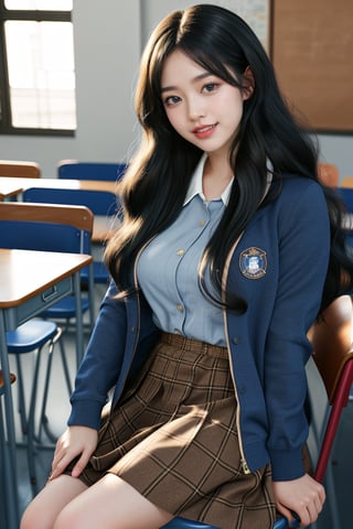 background is high school classroom,1 girl, 18 yo, beautiful girl, korean girl,sitting on chair,wearing school uniform(dark blue jacket and brown check pattern skirt),happy laugh,
solo, {beautiful and detailed eyes}, dark eyes, calm expression, delicate facial features, ((model pose)), Glamor body type, slim waist,(dark hair),long Bright wavy hair,very_long_hair, hair past hip,long straight hair,long ponytail,bangs,pale skin,detailed skin,hairpins, flim grain, realhands, masterpiece, Best Quality, 32k, high contrast,vivid color,photorealistic, ultra-detailed, finely detailed, high resolution, perfect dynamic composition, beautiful detailed eyes, sharp-focus, cowboy_shot, ,3D,GIRL,REAL