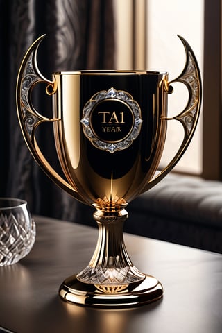 A very magical crystal glass Cup Amidst Luxurious Textures: A majestic, oversized trophy rises from a plush, velvety background, its surface gleaming with an intricate network of fine lines and subtle ridges. The cup's rim curves elegantly, forming a crescent shape that invites the viewer's eye to follow its trajectory. #TA1year,text as ""