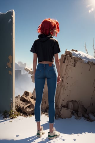 a girl,fiery red Marilyn Monroe's classic hairstyle,green eyes,perfect body,,detailed skin texture and fabric rendering, full-body_portrait,black cotton bottoming T-shirt.,outdoor-style snow-white sports sweatshirt with a hood, a pair of light blue tight denim cropped pants,yellowed canvas sneakers, abandoned tomb full of bones,looking the map( hand-drawn 1.5). summer morning, soft light shines( from the  back to the entire scene)
