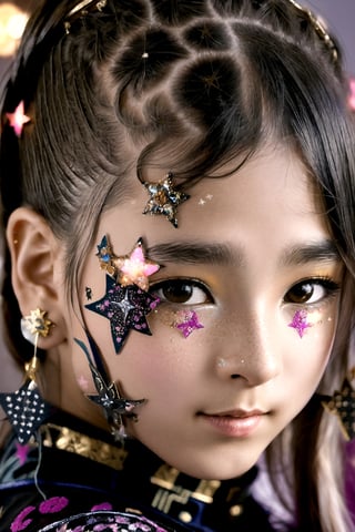 A Asia Girl,An image of a woman with stars painted on her face, intricate embellishments, contemporary art, backlight, carnivalesque, detailed atmospheric portraits, sgrafitto, radiant  --s 350 --v 6.0