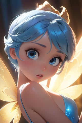 a cute little girl with big eyes, close-up, look at the camera, blue hairs, graceful flutter, hyperdetailed, minimalism, dynamic pose, cinematic light, hopeful, tinker bell