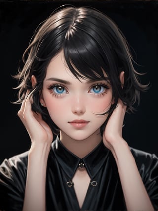 a pretty girl with black short hair, look at the camera, character portrait, black clothes, dark background, high detail, one hand touch her face, oil painting