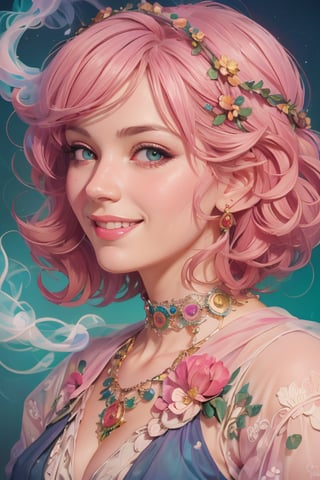 a close up face of a cute girl with big eyes, pink hairs, blue background, surrounded by colorful smoke, smile face, high detail, minimalism, cyberpunk, cinematic light, hopeful,mucha art style