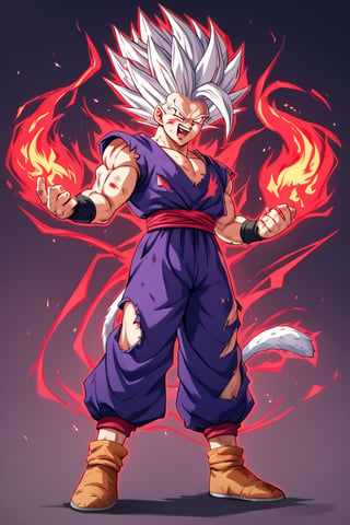 score_9, score_8_up, score_7_up, score_6_up, score_5_up, score_4_up,gohan_beast, evil smile, (abstract art), (aura:1.2), full body, white fuzzy saiyan tail behind back, raging aura, red lightning, red flaming aura, flames in hand, fangs, torn clothes, blood and bruises
