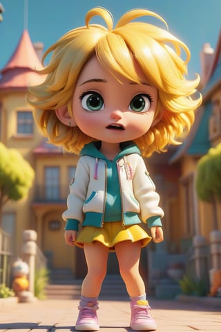 4d photographic image of full body image of a cute little chibi girl, surreal, gold hair, vivid colours octane render trending on artstation, artistic photography, photorealistic concept art, soft natural volumetric cinematic perfect light, UHD white background, Dream House, Disney style, Disney Pixar style,score_9, modern Disney, SDXL,Cartoon