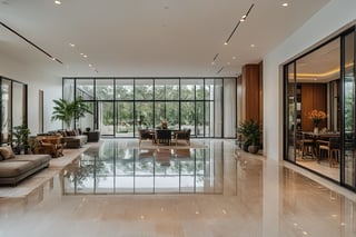 Raw photo of a masterpiece quality indoor scene: an interior of a modern restaurant's cozy living room area. Natural daylight pours in through the large glass door, highlighting the sleek white walls and polished tiling floor. A striking column is cleverly disguised behind a mirrored surface, adding a touch of luxury to the space. The camera captures every super detailed aspect with precision, as if straight from a high-quality film.