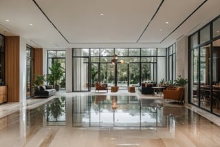 Raw photo of a masterpiece quality indoor scene: an interior of a modern restaurant's cozy living room area. Natural daylight pours in through the large glass door, highlighting the sleek white walls and polished tiling floor. A striking column is cleverly disguised behind a mirrored surface, adding a touch of luxury to the space. The camera captures every super detailed aspect with precision, as if straight from a high-quality film.