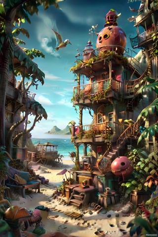 MAGICAL cute STORYBOOK tropical bay , shabby STYLE lovely terrace on the beach, view on the tropical bay , summer  Modifiers: highly detailed dof trending on cgsociety steampunk fantastic view ultra detailed 4K 3D whimsical Storybook beautifully lit etheral highly intricate stunning color depth disorderly outstanding cute illustration cuteaesthetic Boris Vallejo style shadow play The mood is Mysterious and Spellbinding, with a sense of otherworldliness  otherwordliness macro photography style LEONARDO DIFFUSION XL STYLE vintage-futuristic,SDXL