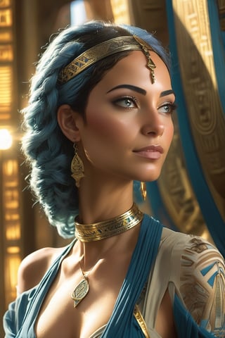 A medium shot captures the captivating essence of an Egyptian woman, her traditional attire shimmering in warm, golden light. The camera's unique angle highlights her intricate tattoo, expertly woven with Egyptian motifs that flow from her neck to face. Her soft features and elaborate details are amplified, rendering a portrait that is both fascinating and culturally rich.,1girl silver hair blue dress