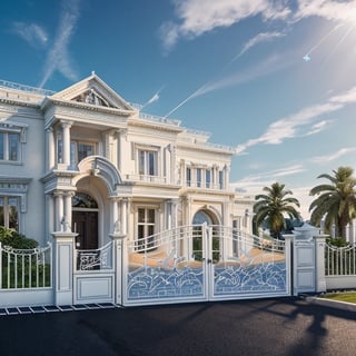 RAW photo, masterpiece, 10 floors  house with a car parked in front of it, neo - classical style, rendered in lumion pro, classicism style, classicism artstyle, lumion render, rendered in lumion, architectural visualization, neoclassical style, in style of classicism, white light sun, rendered in vray, rendered in v-ray, rendered in unreal engine 3d, (photorealistic:1.2), best quality, ultra high res, exterior, architechture,modern house,(white wall:1.5), (detail gate black:1.4), (photorealistic:1.5), best quality, ultra high res, exterior,architechture,neoclassic house,(white wall:1.2), (detailed reliefs:1.2), (The front 1st floor has 4 windows), (the right side 1st floor has 4 windows), (the main side has three-step stairs), (the right side has three-step stairs) ,glass windows,,trees,traffic road, blue sky,in the style of realistic hyper-detailed rendering, luxury neoclassical villa, in the style of neoclassical scene, glass windows, (white navy roof:1.2), best quality, (straight strokedetail:1.1) roof top, (Intricate lines:1.5), ((Photorealism:1.5)),(((hyper detail:1.5))), archdaily, award winning design, (dynamic light:1.3), (night light:1.2), (perfect light:1.3), (shimering light :1.4), refection glass windows, (curved line architecture arch:1.2), trees, beautiful sky, photorealistic, FKAA, TXAA, RTX, SSAO, Post Processing, Post-Production, CGI, VFX, SFX, Full color,((Unreal Engine 5)), Canon EOS R5 Camera + Lens RF 45MP full-frame CMOS sensor, HDR, Realistic,8k,((Unreal Engine 5)), Cinematic intricate detail, extreme detail, science, hyper-detail, FKAA, super detail, super realistic, crazy detail, intricate detail, nice color grading, reflected light on glass, eye-catching wall lights, unreal engine 5, octane render, cinematic, trending on artstation, High-fidelity, Viwvid, Crisp, Sharp, Bright, Stunning, ((Lifelike)), Natural, ((Eye-catching)), Illuminating, Flawless, High-quality,Sharp edge rendering, medium soft lighting, photographic render, detailed archviz