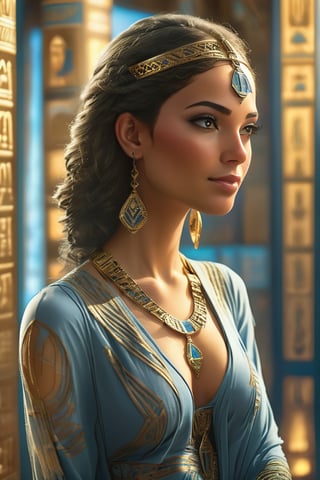 A medium shot captures the captivating essence of an Egyptian woman, her traditional attire shimmering in warm, golden light. The camera's unique angle highlights her intricate tattoo, expertly woven with Egyptian motifs that flow from her neck to face. Her soft features and elaborate details are amplified, rendering a portrait that is both fascinating and culturally rich.,1girl silver hair blue dress
