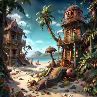 MAGICAL cute STORYBOOK tropical bay , shabby STYLE lovely terrace on the beach, view on the tropical bay , summer  Modifiers: highly detailed dof trending on cgsociety steampunk fantastic view ultra detailed 4K 3D whimsical Storybook beautifully lit etheral highly intricate stunning color depth disorderly outstanding cute illustration cuteaesthetic Boris Vallejo style shadow play The mood is Mysterious and Spellbinding, with a sense of otherworldliness  otherwordliness macro photography style LEONARDO DIFFUSION XL STYLE vintage-futuristic,SDXL