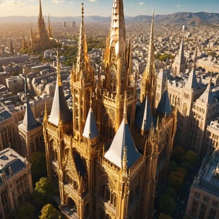 Drone descends upon a mesmerizing metropolis, showcasing gleaming spires and grand structures encased in delicate gold filigree. The city's intricate architecture is bathed in warm sunlight, casting no shadows as if suspended in mid-air. In crystal-clear 64K UHD, every detail of this urban masterpiece shines precisely.