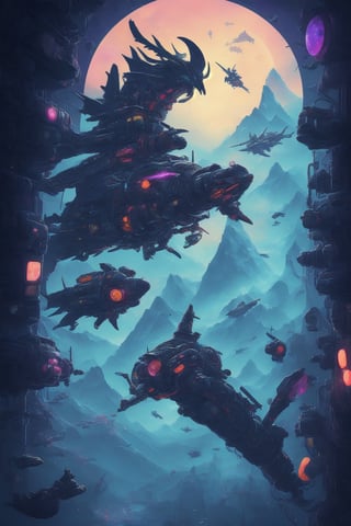 With the theme of animals from the Classic of Mountains and Seas. have many animals in the picture. The background is a space station, cyberpunk style.complex