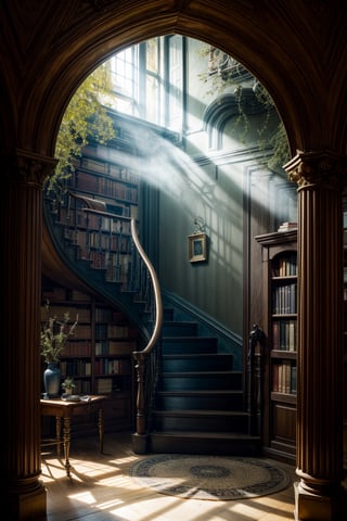 trapped, lost, penetrating light, mist, droplets, golden hue, mennacing

diary, leather, books, inner vault

library, ghostly shadow, 

spiral staircase, stone,

attic, old paintings, dustcovers