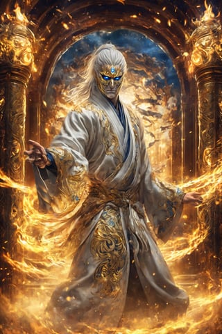 Envision a man with flowing short white hair and golden half mask, blue eyes, looking at viewer, wore a silver colored robe with glowing totemic embroidery, refined muscular body, standing on palace interior full of gold, exquisite details and texture, detailed face, anatomy correct, best quality, ultra detailed, photorealistic, capturing the essense of ancient and immortality, rage fire, hellfire, blue flame,Doton,Ninja,LegendDarkFantasy