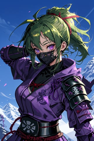 a ninja girl, long green hair, purple eyes, Kuki Shinobu from genshin impact, shinobi girl, shinobi armor, (genshin impact), (vison electro), she ties her hair with a red rope, (((face mask))), black face mask, in a mountain, high quality, high resolution, high precision, realism, color correction, proper lighting settings, harmonious composition, girl, ancient ninja clothes, purple clothes with black, purple thunder,