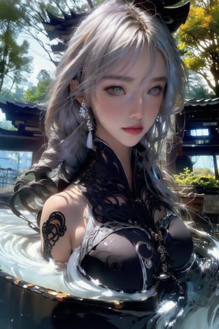 (Masterpiece, highest quality, ultra-detailed, 16K, high contrast, HDR, vibrant color, RAW photo, (photorealistic:1.2), beautiful and aesthetic), cinematic lighting, medium breasts, tall and slim body, (((Genshin Impact, Shenhe, shenhedef, long silver hair))), glowing hair, looking at the viewer, futuristic, elegant, glowing, magical, scenic, landscape, iconic, Japanese ancient streets, torii, bonsai forest, scifi, neotokyo, (yinyangtech, yinyang, water flow), midjourney, close up portrait,yiyao