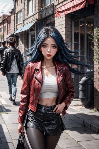 High quality, masterpiece, 1girl, sole_female, 21 years old,  
undercut blue hair, brigth_gray_ pupils, ,Sexy Women, red leather jacket, white crop top, black mini skirt, black pantyhose, walking through a shopping center