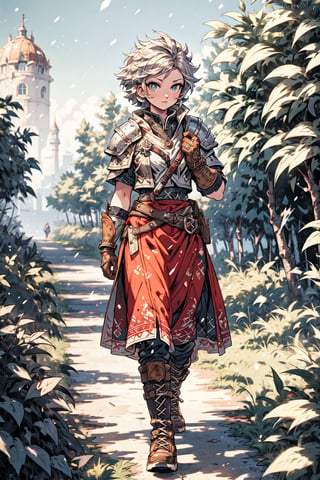(Masterpiece, best quality, ultra-detailed, High detailed, detailed background, Perfect hands, perfect anatomy, anatomically correct),viking, 1girl, solo_female, undercut silver hair, brigth_purple_pupils, ,nodf_lora, eyesgod, ,retro artstyle, leather armor, leather gloves, long skirt, combat boots, walking through a wheat field, holding nothing