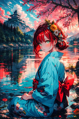 High quality, masterpiece, 1girl, shiny long red hair in a pnytail, brigth turquoise pupils, a long yukata with images of clouds and flowers, sitting under a tree and overlooking a lake