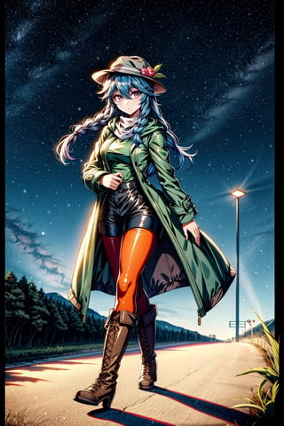 High quality, masterpiece, 1girl, sole_female,  brigth_grenn_eyes, eyesgod, long shiny dark_blue hair in french braids, winter coat, shorts, lycra stockings, high stuffed boots, cotton hat, walking on a green hill at night while it is illuminated by the light of the stars