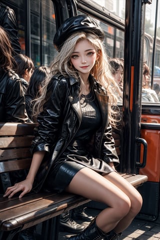 High quality, masterpiece, 1girl, sole_female, 21 years old,  shiny long white hair, orange eyes, leather hat, long open trench coat, blouse, long ankle-length skirt, biker boots, sitting on the bench of an old train station, with a threatening expression on her face, a sunny smile