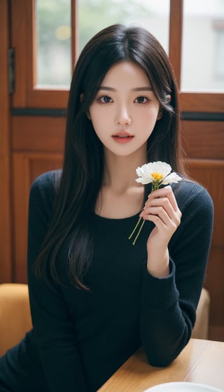 1girl, solo, long hair, looking at viewer, shirt, black hair, long sleeves, holding, sitting, upper body, flower, indoors, black eyes, lips, realistic, holding flower,Korean,FilmGirl,