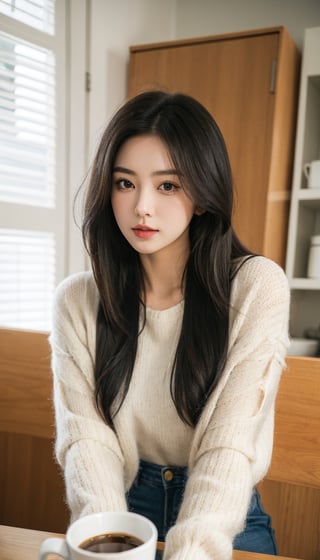 1girl, solo, long hair, looking at viewer, shirt, black hair, long sleeves, holding, sitting, upper body, Coffee, indoors, black eyes, lips, realistic, holding flower,Korean,FilmGirl,