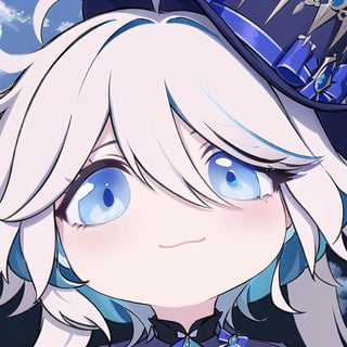 1 girl, Furina, chibi, white hair, twintails, white thick eyebrows, (blue eyes:1.5), beautiful detail eyes, right eye deeper blue color, best quality, 2d, cute, cartoon, sky background, best quality, masterpiece, have different eye color like furina,furina \(genshin impact\), fancy_hat, deeper blue color on right eye