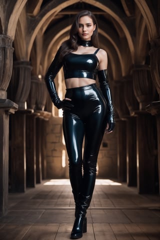 wo_kylcole01,  portrait of a long and wavy hair,  slim woman,  wearing black latex top and latex leggings, black latex boots, in a medieval dungeon,  masterpiece,  ((hands on the hips)),  natural light,  vignette effect,  gorgeous, 36c cup/bra, measurements 36c-24-35, height 173 cm, weight 54 kg, blurry background, clear blue eyes, red pronounced lips