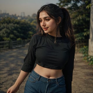 1girl, Kashmiri beautiful women 24 years old, solo, long hair, brown hair, smiling, wearing a plain Black round neck Pure Cotton T-shirt, Half Sleeves T-shirt, detailed t-shirt fabric, without text, without design in t-shirt, outdoors, pants, sandals, denim, jeans, Nature bokeh background, 24year old, ponytail:2, braided hair, This breathtaking photograph, sunny day, natural colors, RAW photo, best quality), (realistic, photo-Realistic:1.3), best quality, masterpiece, beautiful and aesthetic, 16K, (HDR:1.4), high contrast, (vibrant color:1.4), (muted colors, dim colors, soothing tones:0), cinematic lighting, ambient lighting, backlit, shot on Kodak Gold 400 film, softer lens filter, full of love and romantic atmosphere, beautifully showcases the raw and authentic beauty of life. high resolution 8k image quality,more detail