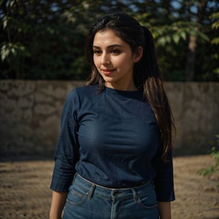 1girl, Kashmiri beautiful women 36 years old, solo, long hair, brown hair, smiling, wearing a plain Navy Blue round neck Pure Cotton T-shirt, Half Sleeves, detailed t-shirt fabric, without text, without design in t-shirt, outdoors, pants, sandals, denim, jeans, Nature bokeh background, 36year old, ponytail:2, braided hair, This breathtaking photograph, sunny day, natural colors, RAW photo, best quality), (realistic, photo-Realistic:1.3), best quality, masterpiece, beautiful and aesthetic, 16K, (HDR:1.4), high contrast, (vibrant color:1.4), (muted colors, dim colors, soothing tones:0), cinematic lighting, ambient lighting, backlit, shot on Kodak Gold 400 film, softer lens filter, full of love and romantic atmosphere, beautifully showcases the raw and authentic beauty of life. high resolution 8k image quality,more detail