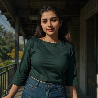 1girl, Kashmiri beautiful women 36 years old, solo, long hair, brown hair, smiling, wearing a plain Deep Green round neck Pure Cotton Oversized  T-shirt, Half Sleeves, detailed t-shirt fabric, without text, without design in t-shirt, outdoors, pants, sandals, denim, jeans, Nature bokeh background, 36year old, ponytail:2, braided hair, This breathtaking photograph, sunny day, natural colors, RAW photo, best quality), (realistic, photo-Realistic:1.3), best quality, masterpiece, beautiful and aesthetic, 16K, (HDR:1.4), high contrast, (vibrant color:1.4), (muted colors, dim colors, soothing tones:0), cinematic lighting, ambient lighting, backlit, shot on Kodak Gold 400 film, softer lens filter, full of love and romantic atmosphere, beautifully showcases the raw and authentic beauty of life. high resolution 8k image quality,more detail