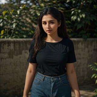 1girl, Kashmiri beautiful women 36 years old, solo, long hair, brown hair, shirt, wearing a plain Black round neck Pure Cotton Oversized T-shirt, detailed t-shirt fabric, without text, without design in t-shirt,  outdoors, pants, sandals, denim, jeans, natural bokeh background, 36year old, sunglasses, ponytail:2, braided hair, This breathtaking photograph, sunny day, natural colors, RAW photo, best quality), (realistic, photo-Realistic:1.3), best quality, masterpiece, beautiful and aesthetic, 16K, (HDR:1.4), high contrast, (vibrant color:1.4), (muted colors, dim colors, soothing tones:0), cinematic lighting, ambient lighting, backlit, shot on Kodak Gold 400 film, softer lens filter, full of love and romantic atmosphere, beautifully showcases the raw and authentic beauty of life. high resolution 8k image quality,