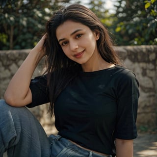 1girl, Kashmiri beautiful women 36 years old, solo, long hair, brown hair, smiling, wearing a plain Black round neck Pure Cotton Oversized Half Sleeves T-shirt, detailed t-shirt fabric, without text, without design in t-shirt,  outdoors, pants, sandals, denim, jeans, natural bokeh background, 36year old, ponytail:2, braided hair, This breathtaking photograph, sunny day, natural colors, RAW photo, best quality), (realistic, photo-Realistic:1.3), best quality, masterpiece, beautiful and aesthetic, 16K, (HDR:1.4), high contrast, (vibrant color:1.4), (muted colors, dim colors, soothing tones:0), cinematic lighting, ambient lighting, backlit, shot on Kodak Gold 400 film, softer lens filter, full of love and romantic atmosphere, beautifully showcases the raw and authentic beauty of life. high resolution 8k image quality,more detail 