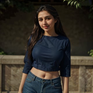 1girl, Kashmiri beautiful women 36 years old, solo, long hair, brown hair, smiling, wearing a plain Navy Blue round neck Pure Cotton T-shirt, Half Sleeves, detailed t-shirt fabric, without text, without design in t-shirt, outdoors, pants, sandals, denim, jeans, Nature bokeh background, 36year old, ponytail:2, braided hair, This breathtaking photograph, sunny day, natural colors, RAW photo, best quality), (realistic, photo-Realistic:1.3), best quality, masterpiece, beautiful and aesthetic, 16K, (HDR:1.4), high contrast, (vibrant color:1.4), (muted colors, dim colors, soothing tones:0), cinematic lighting, ambient lighting, backlit, shot on Kodak Gold 400 film, softer lens filter, full of love and romantic atmosphere, beautifully showcases the raw and authentic beauty of life. high resolution 8k image quality,more detail