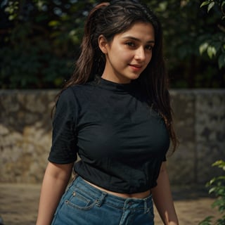 1girl, Kashmiri beautiful women 36 years old, solo, long hair, brown hair, smiling, wearing a plain Black round neck Pure Cotton T-shirt, Half Sleeves, detailed t-shirt fabric, without text, without design in t-shirt, outdoors, pants, sandals, denim, jeans, Nature bokeh background, 36year old, ponytail:2, braided hair, This breathtaking photograph, sunny day, natural colors, RAW photo, best quality), (realistic, photo-Realistic:1.3), best quality, masterpiece, beautiful and aesthetic, 16K, (HDR:1.4), high contrast, (vibrant color:1.4), (muted colors, dim colors, soothing tones:0), cinematic lighting, ambient lighting, backlit, shot on Kodak Gold 400 film, softer lens filter, full of love and romantic atmosphere, beautifully showcases the raw and authentic beauty of life. high resolution 8k image quality,more detail