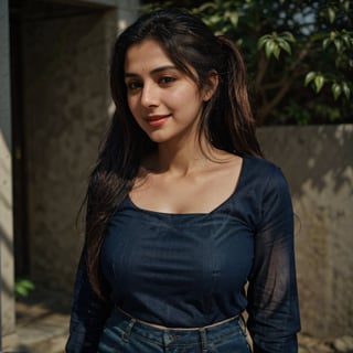 1girl, Kashmiri beautiful women 36 years old, solo, long hair, brown hair, smiling, wearing a plain Black round neck Pure Cotton Oversized Half Sleeves T-shirt, detailed t-shirt fabric, without text, without design in t-shirt,  outdoors, pants, sandals, denim, jeans, natural bokeh background, 36year old, ponytail:2, braided hair, This breathtaking photograph, sunny day, natural colors, RAW photo, best quality), (realistic, photo-Realistic:1.3), best quality, masterpiece, beautiful and aesthetic, 16K, (HDR:1.4), high contrast, (vibrant color:1.4), (muted colors, dim colors, soothing tones:0), cinematic lighting, ambient lighting, backlit, shot on Kodak Gold 400 film, softer lens filter, full of love and romantic atmosphere, beautifully showcases the raw and authentic beauty of life. high resolution 8k image quality,more detail 