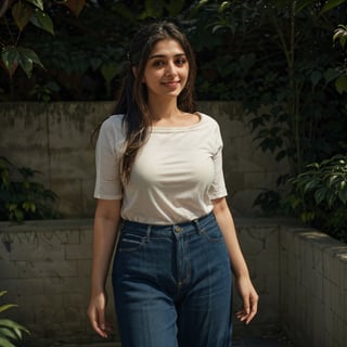 1girl, Kashmiri beautiful women 36 years old, solo, long hair, smiling, wearing a plain Navy Blue colour round neck Pure Cotton Oversized T-shirt, detailed t-shirt fabric, without text, without design in t-shirt, outdoors, pants, sandals, denim, jeans, natural bokeh background, 36year old, ponytail:2, braided hair, This breathtaking photograph, sunny day, natural colors, RAW photo, best quality), (realistic, photo-Realistic:1.3), best quality, masterpiece, beautiful and aesthetic, 16K, (HDR:1.4), high contrast, (vibrant color:1.4), (muted colors, dim colors, soothing tones:0), cinematic lighting, ambient lighting, backlit, shot on Kodak Gold 400 film, softer lens filter, full of love and romantic atmosphere, beautifully showcases the raw and authentic beauty of life. high resolution 8k image quality,more detail , less detail