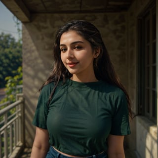 1girl, Kashmiri beautiful women 24 years old, solo, long hair, brown hair, smiling, wearing a plain Deep Green round neck Pure Cotton Oversized T-shirt, detailed t-shirt fabric, without text, without design in t-shirt, outdoors, pants, sandals, denim, jeans, Nature bokeh background, 24year old, ponytail:2, braided hair, This breathtaking photograph, sunny day, natural colors, RAW photo, best quality), (realistic, photo-Realistic:1.3), best quality, masterpiece, beautiful and aesthetic, 16K, (HDR:1.4), high contrast, (vibrant color:1.4), (muted colors, dim colors, soothing tones:0), cinematic lighting, ambient lighting, backlit, shot on Kodak Gold 400 film, softer lens filter, full of love and romantic atmosphere, beautifully showcases the raw and authentic beauty of life. high resolution 8k image quality,more detail