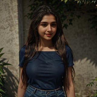 1girl, Kashmiri beautiful women 24 years old, solo, long hair, brown hair, smiling, wearing a plain Navy Blue round neck Pure Cotton Oversized T-shirt, detailed t-shirt fabric, without text, without design in t-shirt, outdoors, pants, sandals, denim, jeans, Nature bokeh background, 24year old, ponytail:2, braided hair, This breathtaking photograph, sunny day, natural colors, RAW photo, best quality), (realistic, photo-Realistic:1.3), best quality, masterpiece, beautiful and aesthetic, 16K, (HDR:1.4), high contrast, (vibrant color:1.4), (muted colors, dim colors, soothing tones:0), cinematic lighting, ambient lighting, backlit, shot on Kodak Gold 400 film, softer lens filter, full of love and romantic atmosphere, beautifully showcases the raw and authentic beauty of life. high resolution 8k image quality,more detail