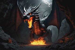 Mythical fire_breathing Dragon,full_body,Inside the enormous dark_cave,blast of fire on its mouth,flame of fire

camera view low_angle