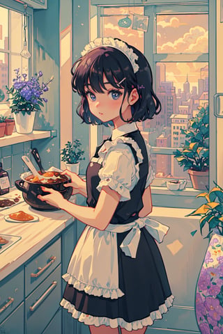  girl, short hair, dark purple hair, hair clip, black eyes, small eyes, kitchen, maid dress, pot, food, curry, flower plants, big window, city.